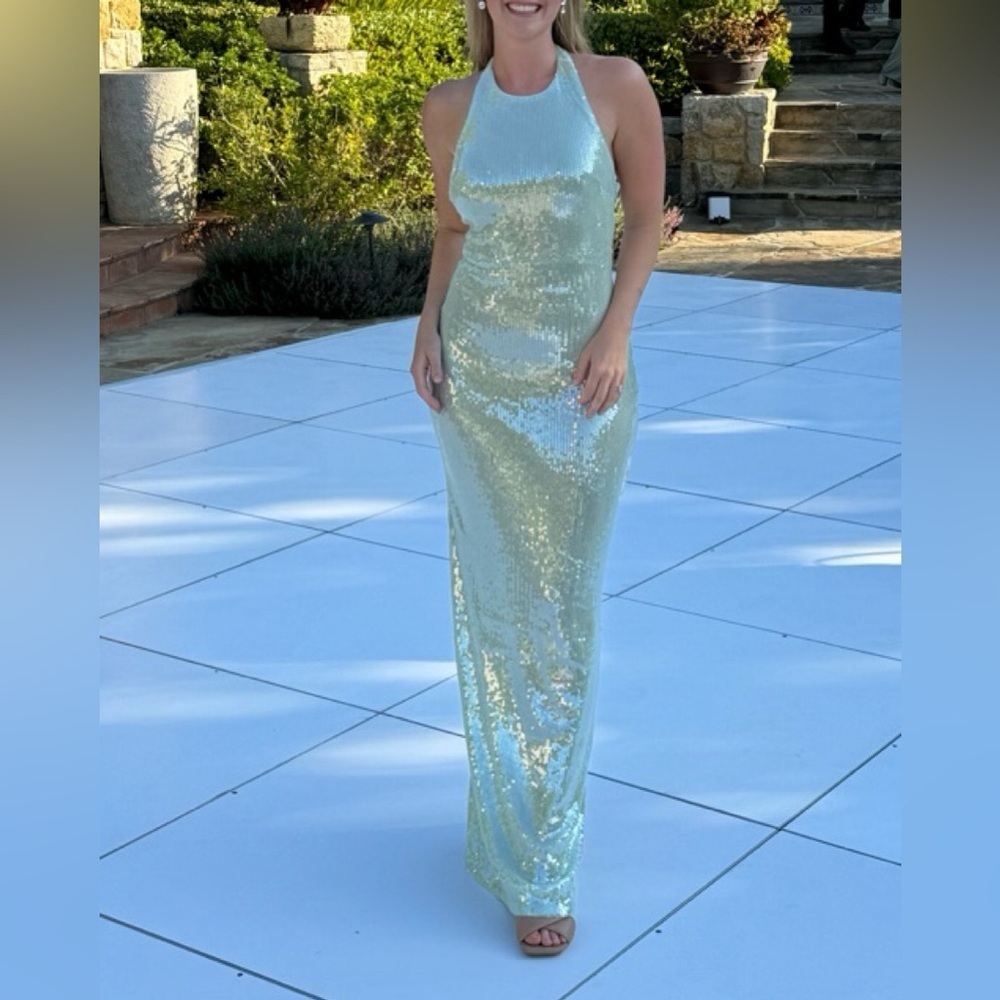 Nwt Reformation Elowyn Sequin Halter Open Back Slit Maxi Dress Gown Icy Seafoam